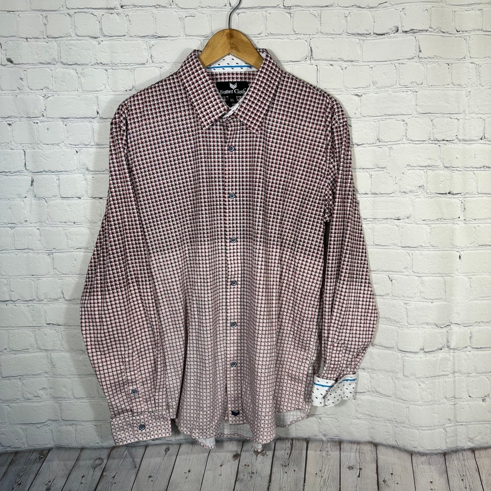 Butter Cloth Mens XL Red Black Geometric Print 100% Cotton Button Down Shirt